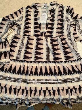 Tribal-Print V-Neck Midi Dress in Black & Cream